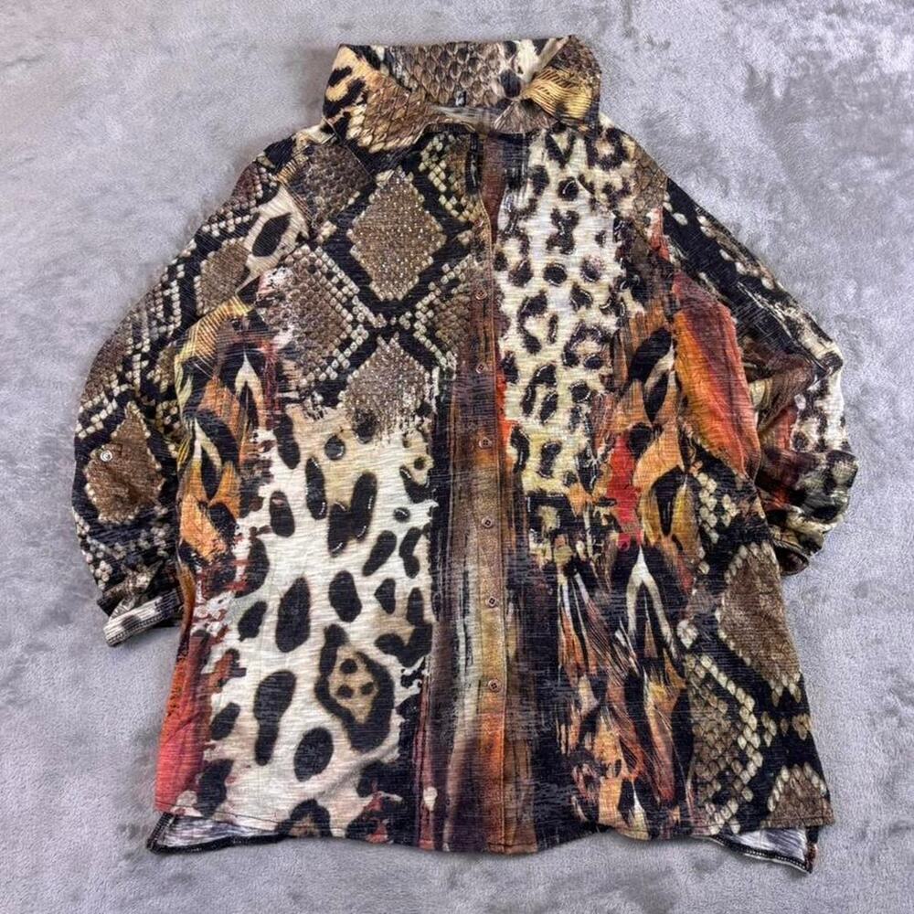 Vintage Y2K Animal Print Silk Button Up Blouse Women’s Medium Cheetah Snake